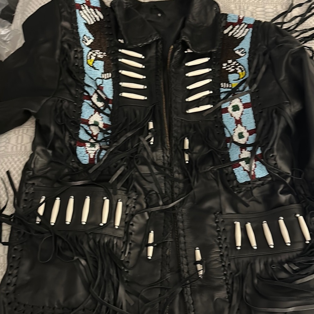Black Leather Fringe Jacket with Beaded Design